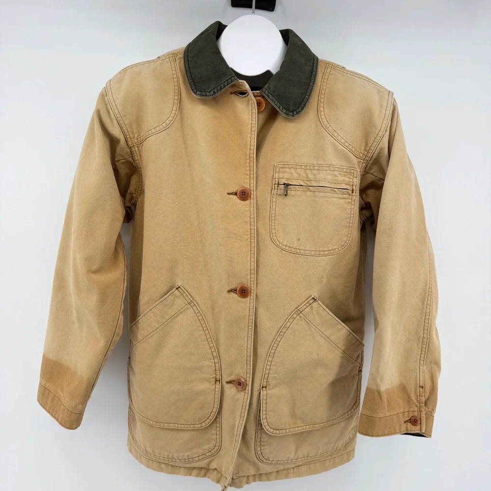 Vintage 80s L.L. Bean Field Coat M Tan Original Barn Jacket Plaid wool Lined - Picture 2 of 12